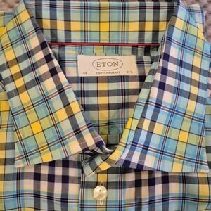 ETON Contemporary Shirt 44 Spring Plaid Cutaway Collar Barrel Cuff Button Up